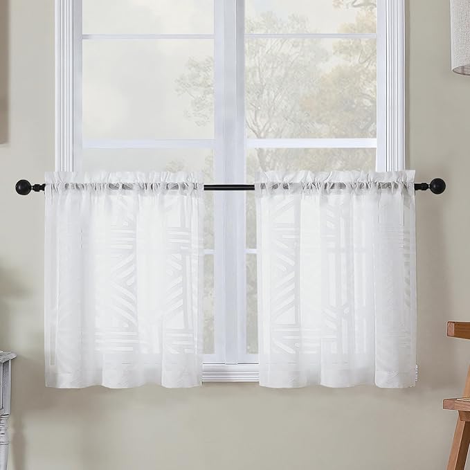 Simplebrand Sheer White Kitchen Curtains 24 Inch Length Tier Curtains 2 Panels by Simplebrand