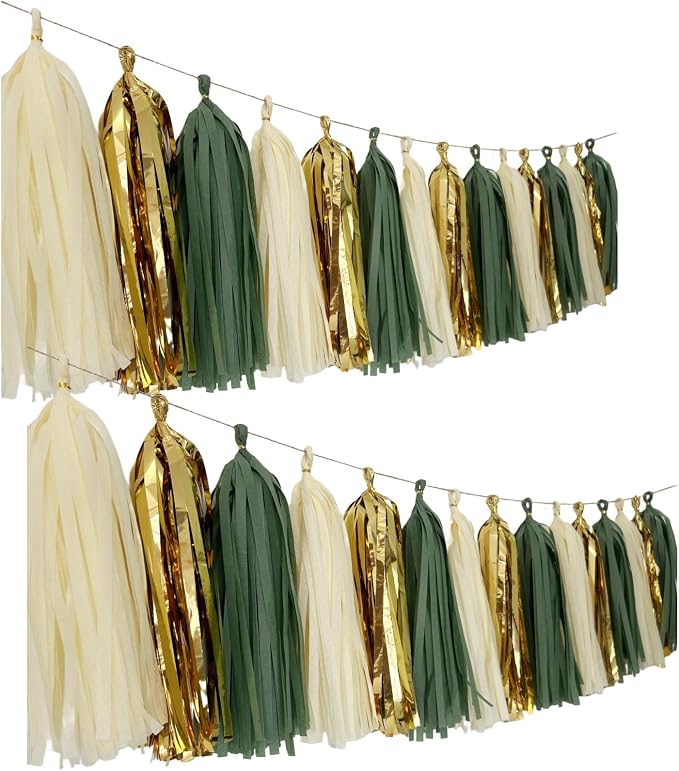 20Pcs Sage Green Gold Mylar Tassels Garland Tissue Paper Tassels Banner DIY Kit by Autupy