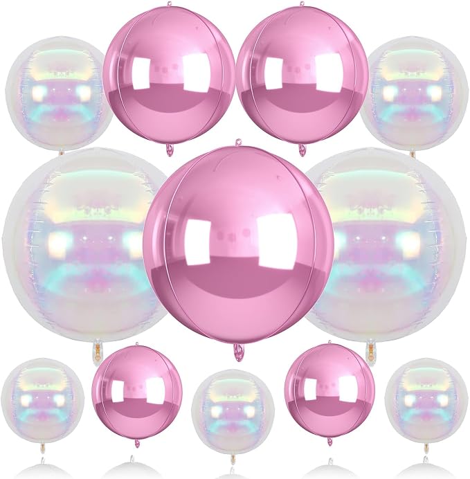 Biapian 12Pcs Pink and Iridescent Round Balloons Foil, Large Pink Bubble by BIAPIAN