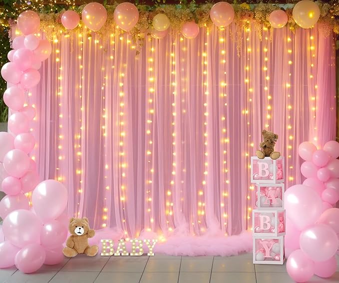 Pink Backdrop Curtains with Lights String for Baby Shower Girl Parties Sheer Tulle Backdrop Curtain Panels for Birthday Party Bridal Shower Photo Shoot Background Decorations 10×10ft (2 Panels 5×10ft)