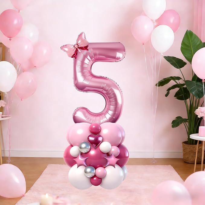 40 Inch Pink Number 5 Balloon Tower Set, Pastel Number Five Foil Balloon - Image 4
