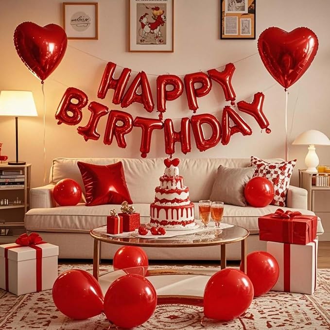 27 Pcs Red Birthday Decorations, 3D Foil Red Happy Birthday Balloon Banner - Image 6