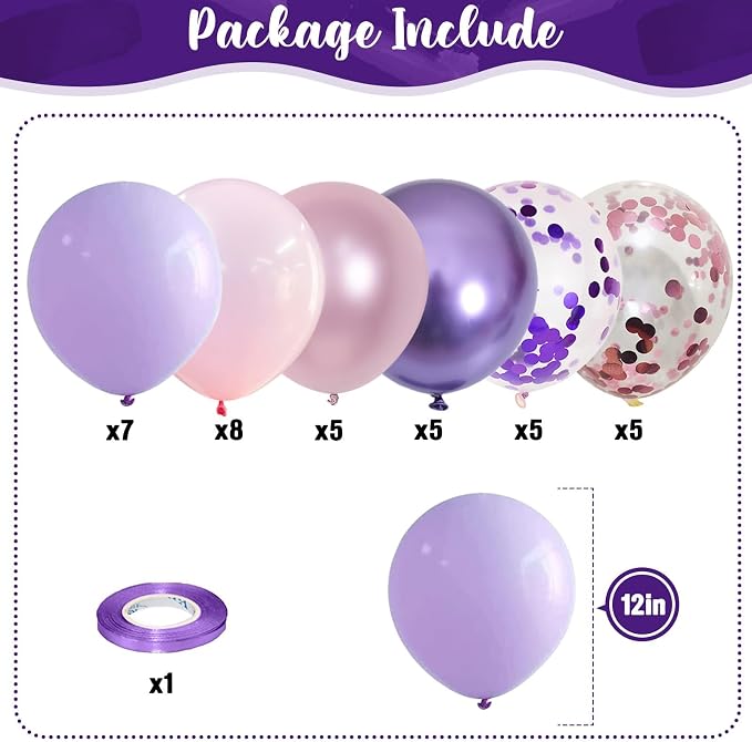 Pastel Pink and Purple Balloons, 12 Inch Metallic Purple Lilac Pink Confetti - Image 2