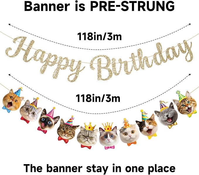 Alynta Cat Happy Birthday Banner Pre-Strung Cat Birthday Party Decorations | NO - Image 3