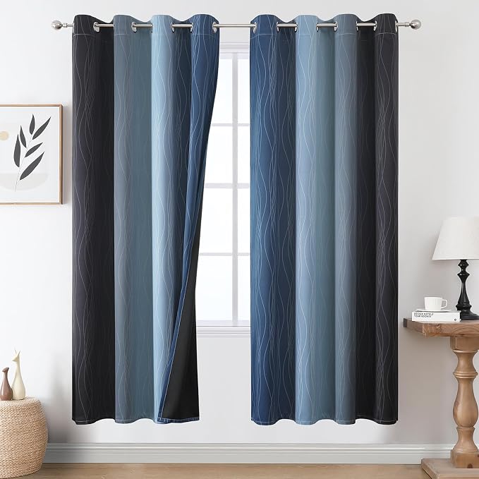 Navy Blue and Black Ombre Blackout Curtains 72 Inch Length 2 Panels Set by ESTELARTEXTILER