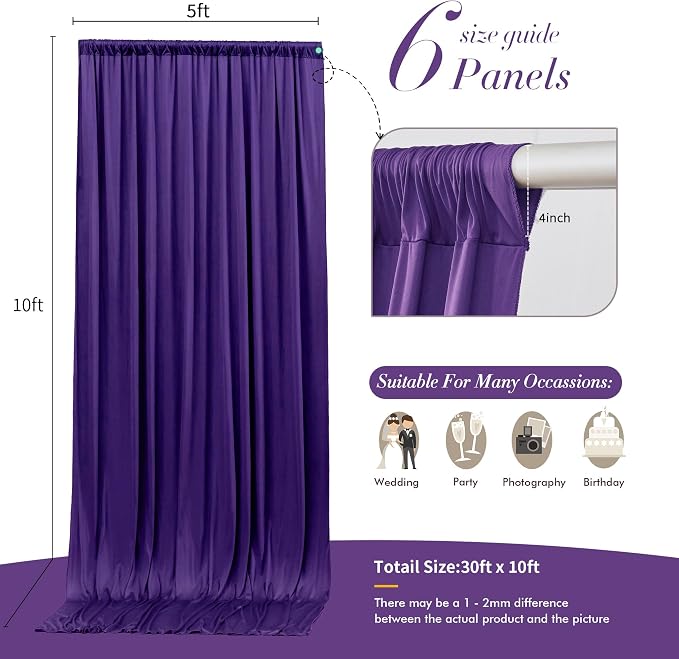 30 ft x 10 ft Wrinkle Free Purple Backdrop Curtain - Image 7