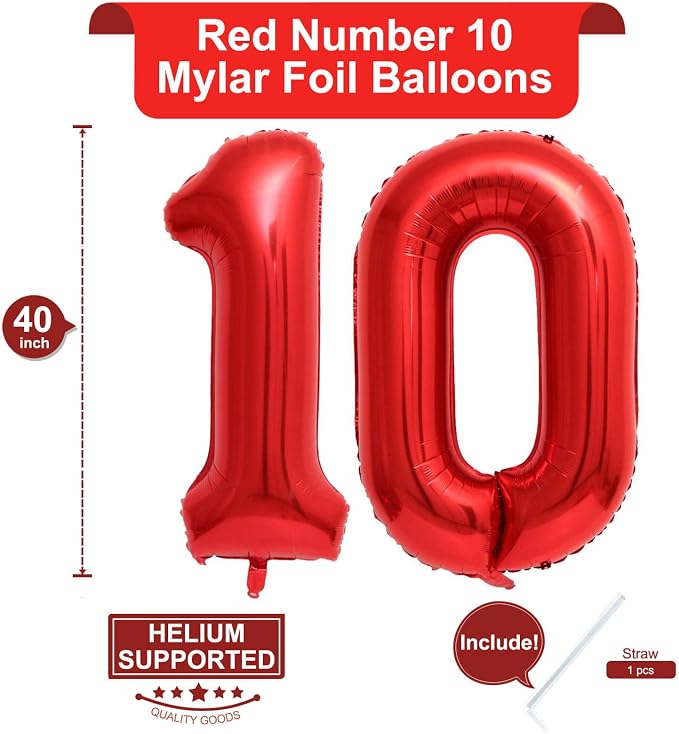 40 Inch Red 10 Number Balloons Giant 10 Balloons Red Birthday 10 Balloons 10th - Image 2