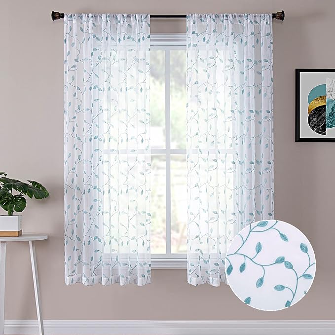 Tollpiz Leaves Short Sheer Curtains Teal Blue Leaf Embroidery Bedroom Curtain by Tollpiz