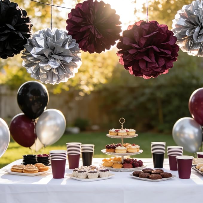 Black Burgundy and Silver Paper Pom Poms - Image 5