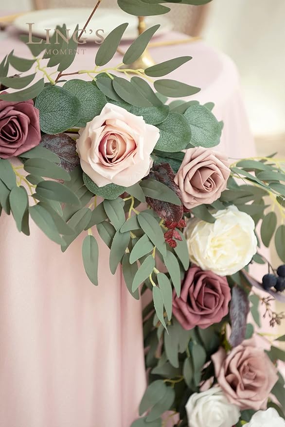 Ling's Moment 9FT Eucalyptus and Willow Leaf Garland with White Flower, Handcrafted Wedding Sweetheart Table Centerpieces Head Table Decor Arch Backdrop Decorations for Wedding | Dusty Rose & Mauve