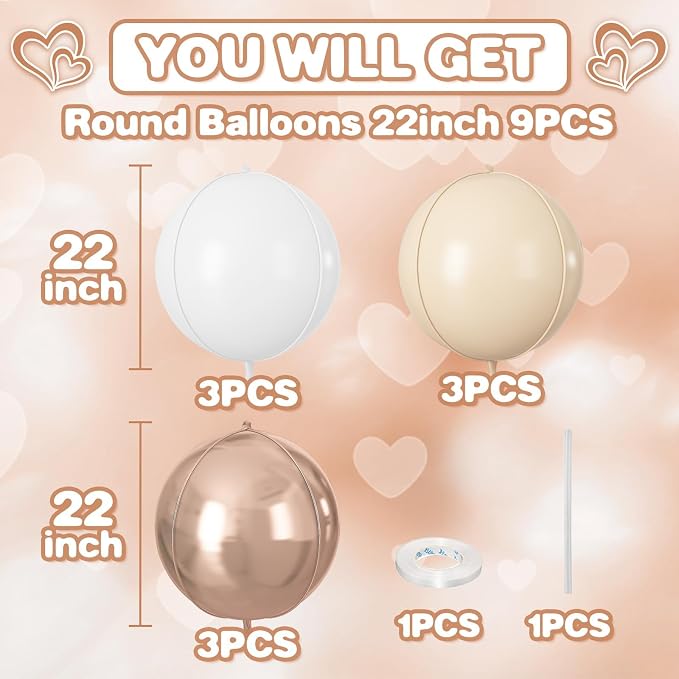 Cream White Gold Round Foil Balloons 9 pcs, Metallic Giant 4D Round Balloons 22 - Image 2