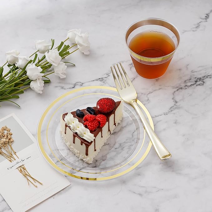 BESTVIP 450PCS Plastic Dinnerware Set (75 Guests), Clear Gold Disposable Plates for Party, Wedding, Christmas, Anniversary, Includes: Dinner Plates, Dessert Plates, Cups, Spoons, Forks and Knives