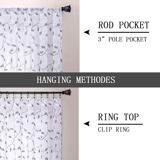 Tollpiz Leaves Sheer Curtain Grey Leaf Embroidery Living Room Curtains Rod - Image 5
