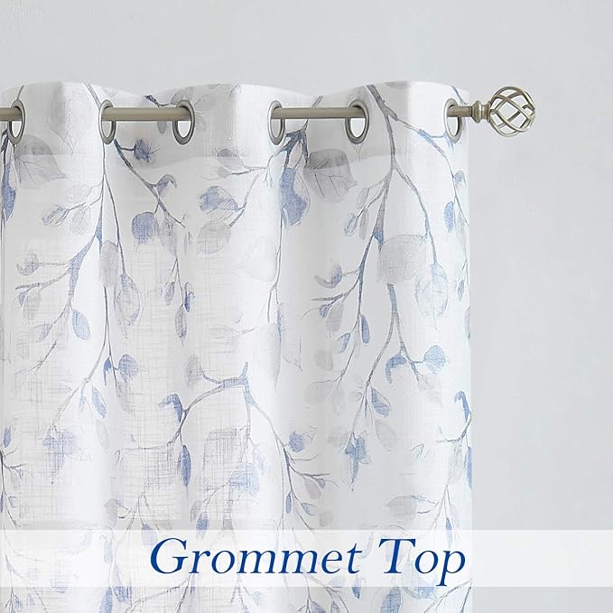 Navy Blue Leaf Floral Print Metallic Sheer Curtain - Image 3