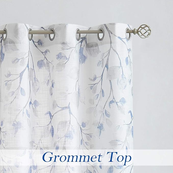 Navy Blue Leaf Floral Print Metallic Sheer Curtain - Image 6