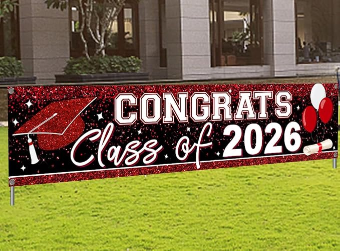 Large Congrats Class of 2026 Banner Red | Backdrop Graduation 2026 Yard Sign by mokejaparty