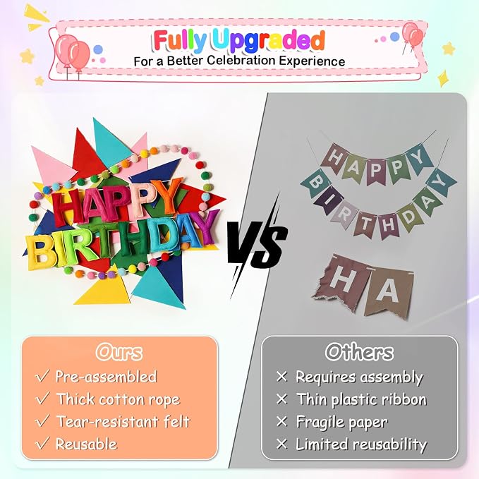 Rainbow 3D Happy Birthday Banner, Pre-Strung Felt Party Decorations | - Image 3