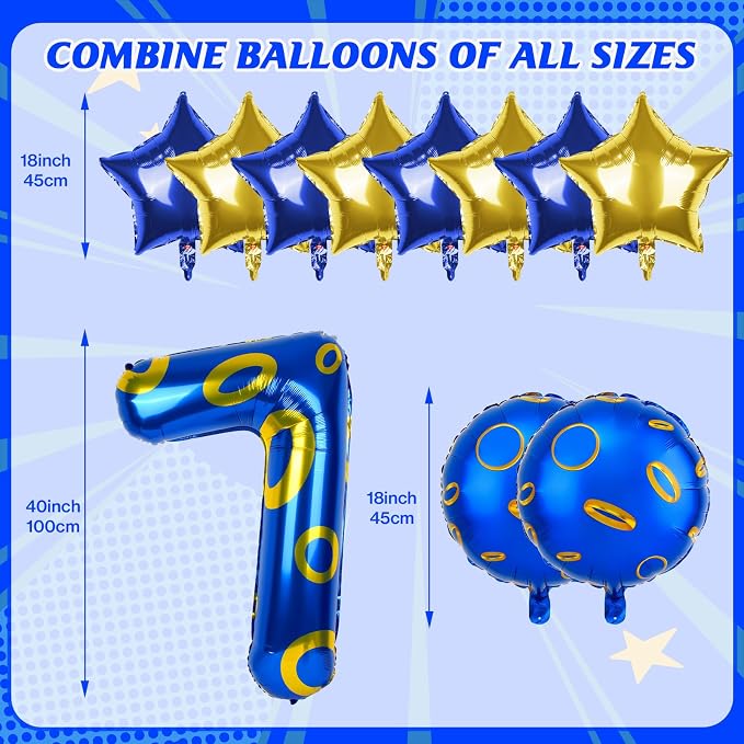 40 Inch Blue and Golden Ring Themed Number Balloon, Number Block Foil Number 7 - Image 2
