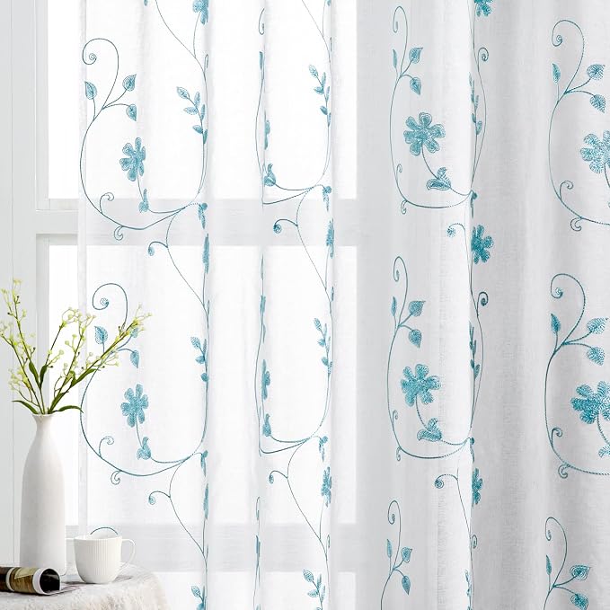 HOMEIDEAS White and Blue Embroidered Floral Sheer Curtains 96 Inches Long 2 by HOMEIDEAS