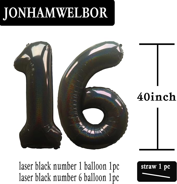 Jonhamwelbor 40 Inch Laser Black 16 Balloon Numbers Foil Mylar Giant Balloon - Image 2