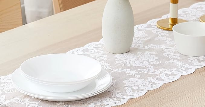 LinenZone White Table Runner with 2 Tassels for Rustic Vintage Decor. Lace Table Runner Works Great As Wedding, Thanksgiving, Christmas Decor(Mia 14 x 48, White)