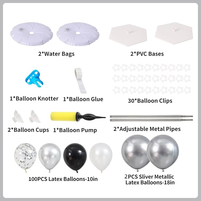 Black White and Silver Balloon Column Kit Set of 2, Balloon Towers | 102Pcs - Image 2