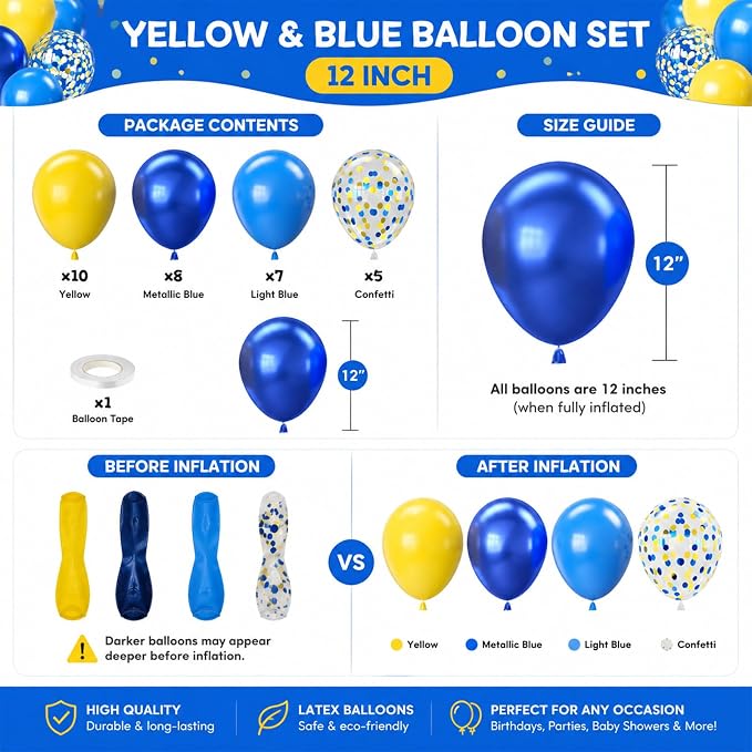 Yellow Blue Balloons, 12 Inches Blue Yellow Balloon Double Stuffed Metallic - Image 8