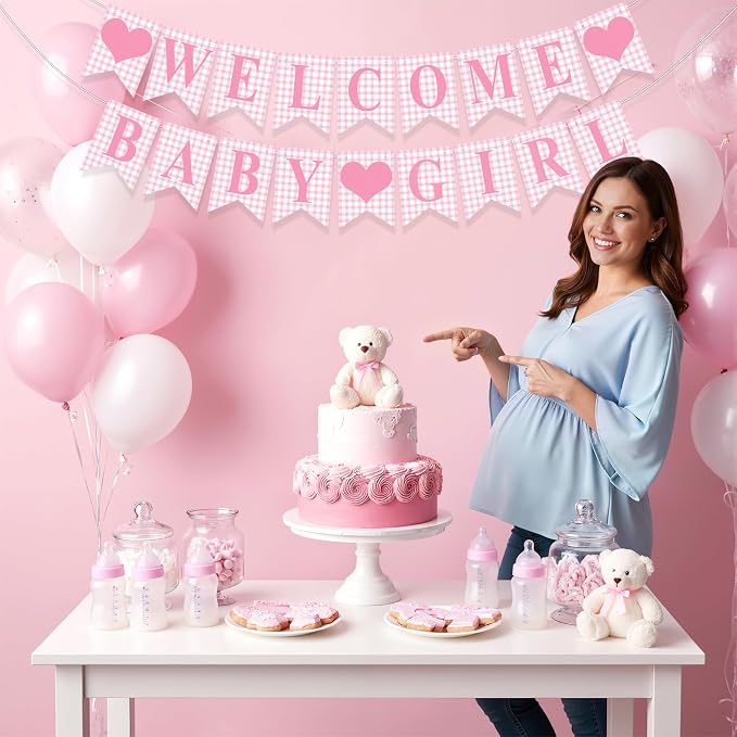Hahafelt 1 Pcs Pink Gingham Welcome Baby Girl Banner - Image 7