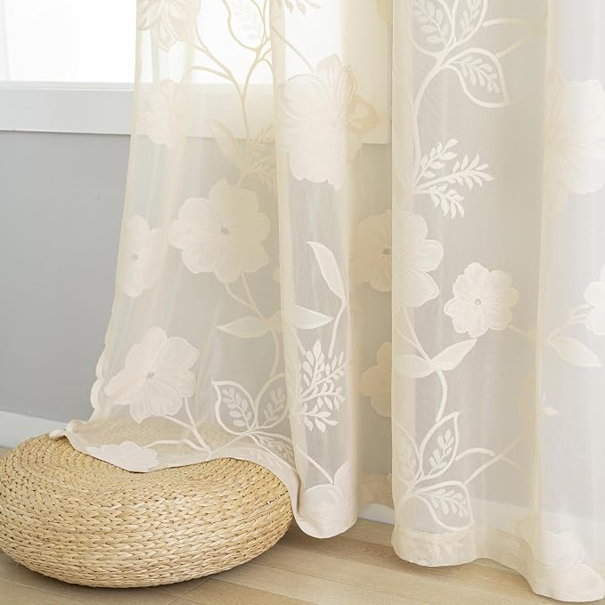 Beige Lace Sheer Curtains for Bedroom Living Room 95 Inch Length Light - Image 6