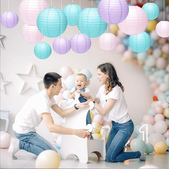 21Pcs Pastel Paper Lanterns, 4-10in Round Hanging Decor, Girl Birthday | - Image 5