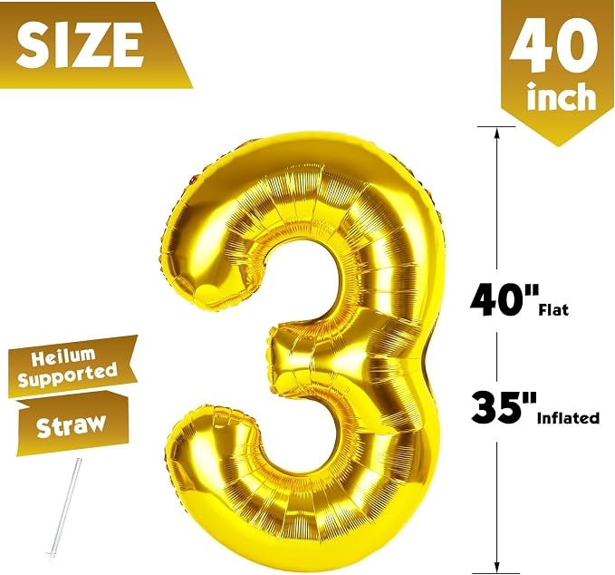 40 Inch Gold Number 3 Balloon Birthday Party Decorations - Image 5
