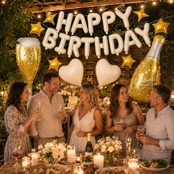 Cream Happy Birthday Balloons Banner, Champagne Bottle Glass Foil Balloon - Image 4