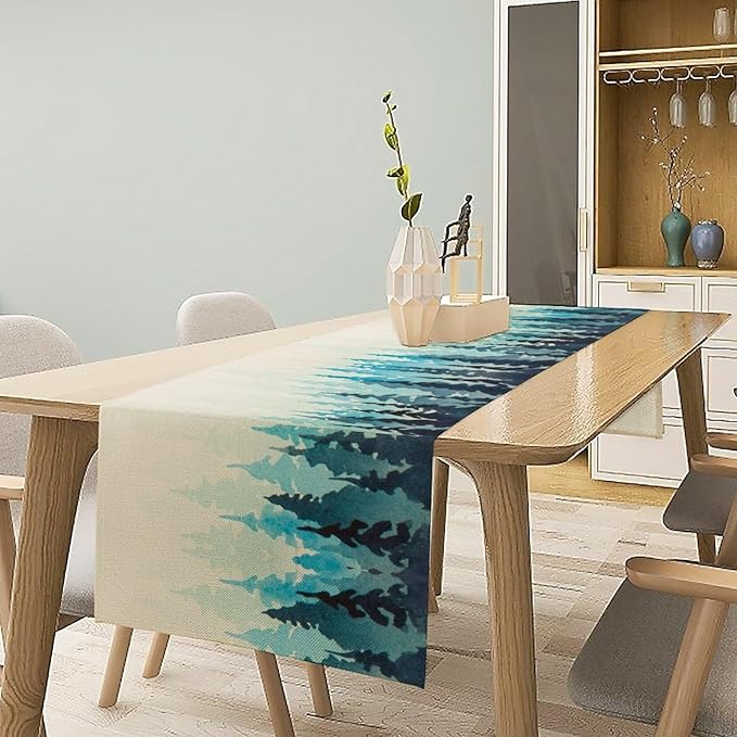 Misty Forest Table Runner,Foggy Blue Forest Landscape Table Runner for Kitchen Dining Table Home Party Decoration 13x108 Inch