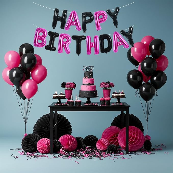 TONIFUL Black Hot Pink Happy Birthday Balloon Banner Decor - Image 6