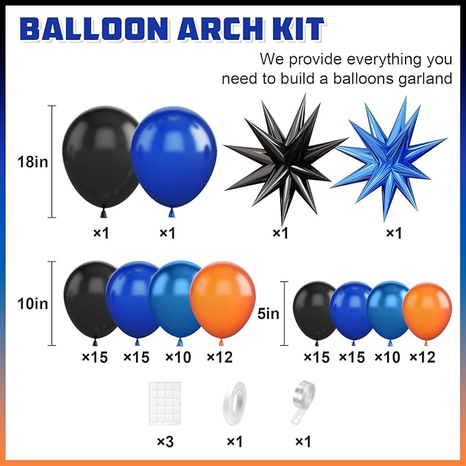 Black Orange Blue Balloon Arch Kit, Royal Blue Black Balloon Garland - Image 2