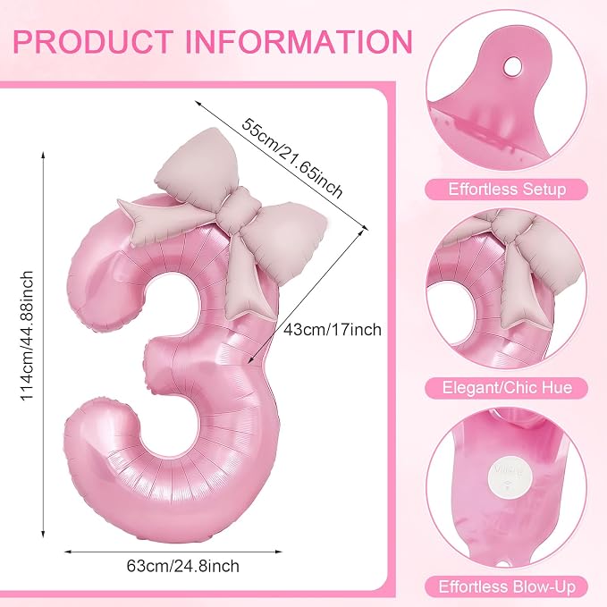 Bow Pink 3 Balloons, 40 Inch Giant Pink Bow Helium Foil Number 3 - Image 2