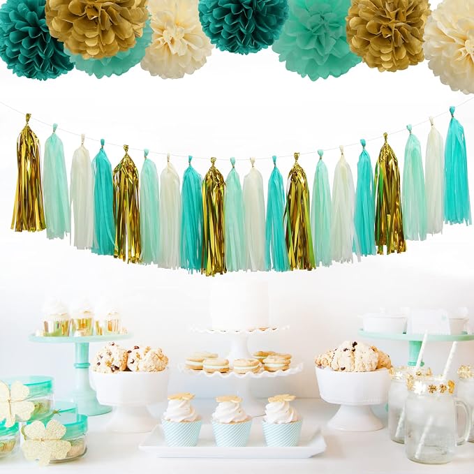 Teal-Blue Mint Beige-Gold Party-Decorations Tassel-Garland -20pcs Rustic - Image 4