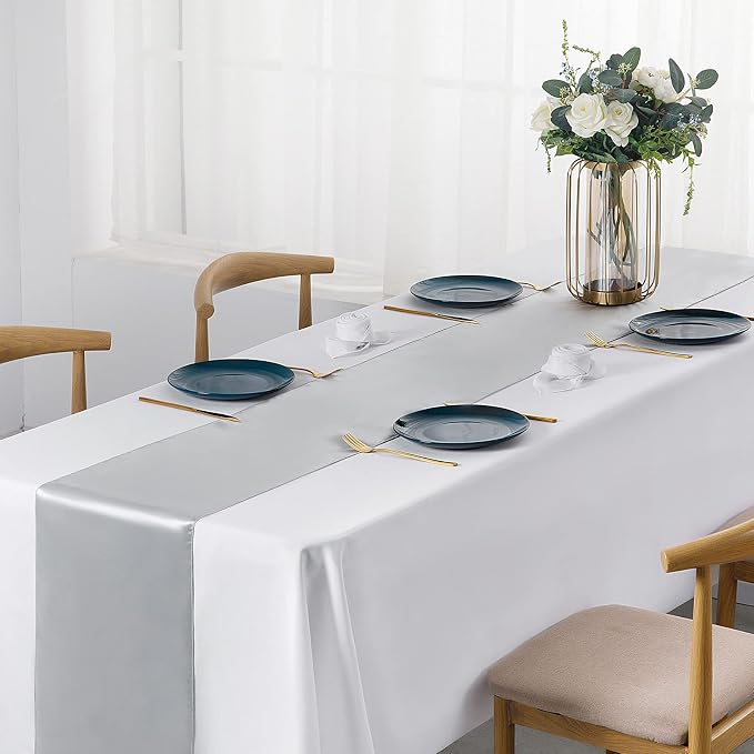 SiinvdaBZX 24 Pcs Silver Satin Table Runner 12 x 108 inches Long | Bright - Image 2