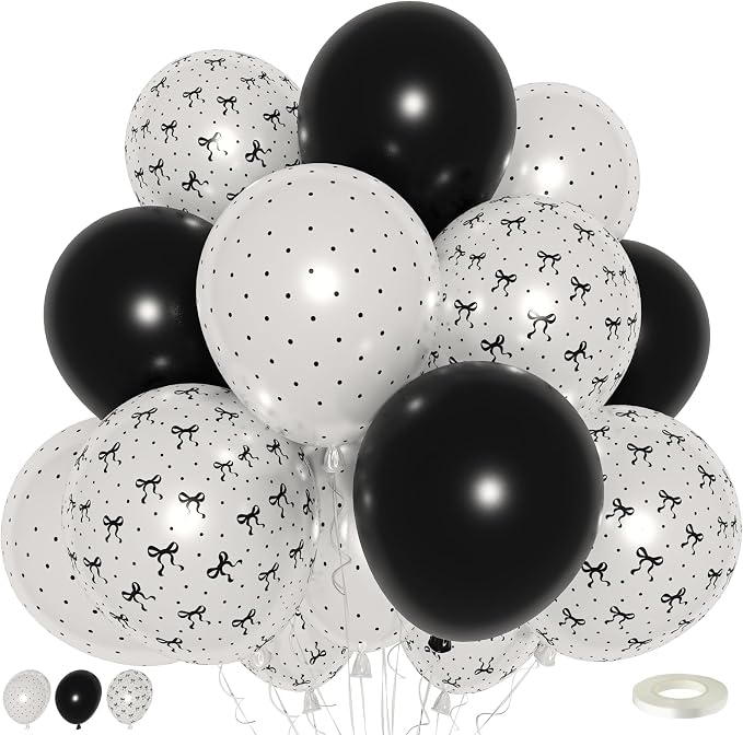 Black and White Bow Balloons, Pearl Black White Bow Print Latex Balloons by KEPMOV