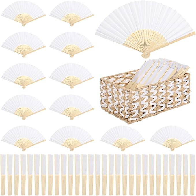 OMISTAR 100 Pcs White Paper Fans, Blank Folding Fan with 2 Storage Baskets, Customizable Wedding Fans, DIY Handheld Fan for Guests, Lightweight Craft Supplies for Party