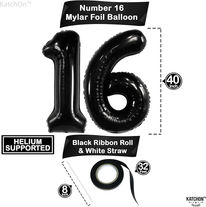 KatchOn Giant Black 16 Balloon Numbers Foil 40 Inch 16 Birthday Decorations | - Image 2