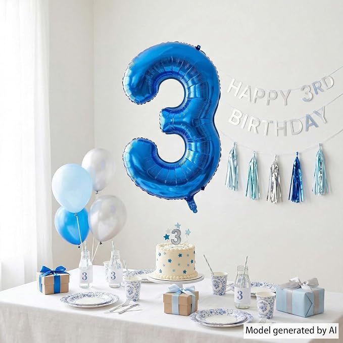 Navy Blue Number 3 Balloon 40 Inch, Metallic Foil Numeral Celebration Decor | - Image 7