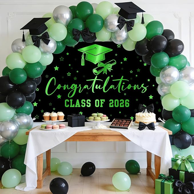 Congratulations Class of 2026 Backdrop Black Green Graduation Banner Congrats - Image 3