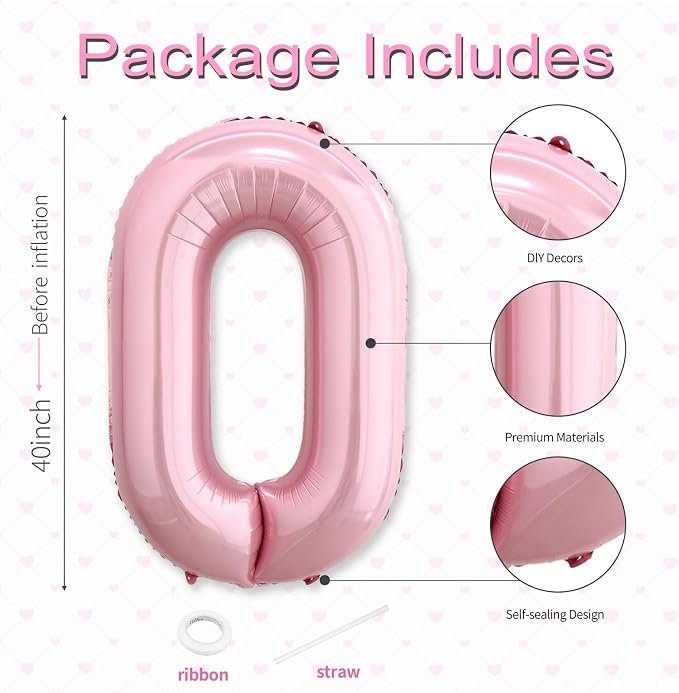 40 Inch Pink Number 0 Balloon, Giant Number Balloons, Birthday Decorations | - Image 3