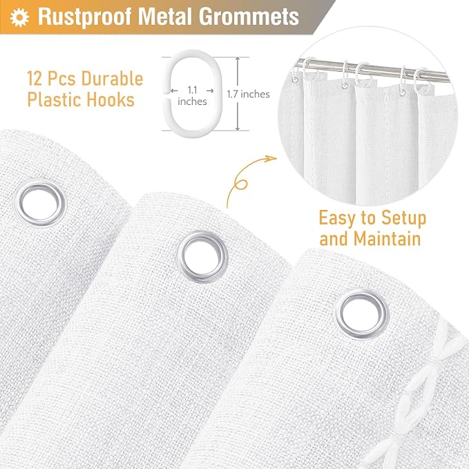 White Boho Farmhouse Linen Heavy Duty Cloth Shower Curtain Set, 72x72 | 330GSM - Image 5