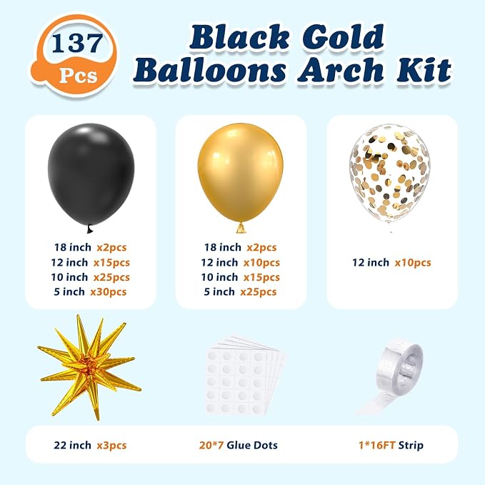 137Pcs Black and Gold Balloons Garland Arch Kit - Image 3