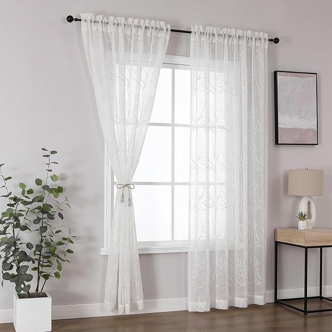 White Sheer Curtains Beige Coral Branch Embroidered 108 Inches | Light - Image 3