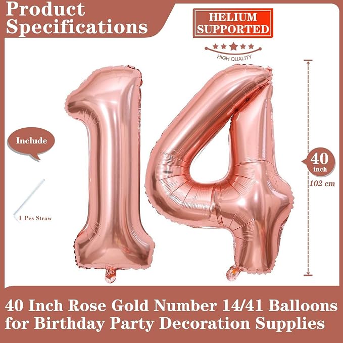 Rose Gold 14 Number Balloons, 40 Inch Giant Number 14 Balloons Foil Mylar - Image 2