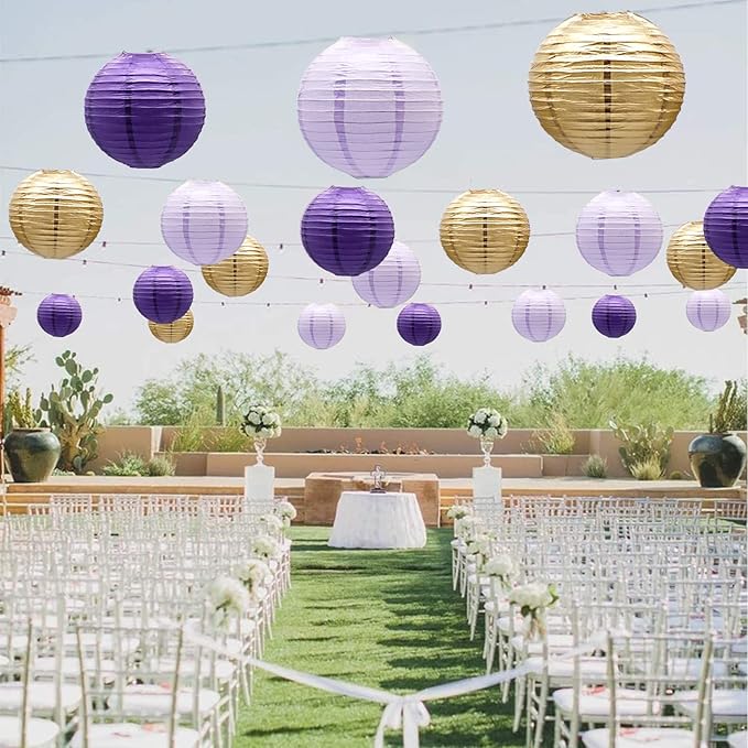 ADLKGG Paper Lanterns Decorative, Round Hanging Lanterns Party Supplies for Graduation Bachelorette Gender Neutral Baby Shower Birthday Party Decorations Purple/Lavender/Gold 21pcs