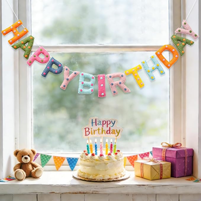 Pre-Strung Unique Handmade Wool Felt Colorful Happy Birthday Banner Garland | - Image 8